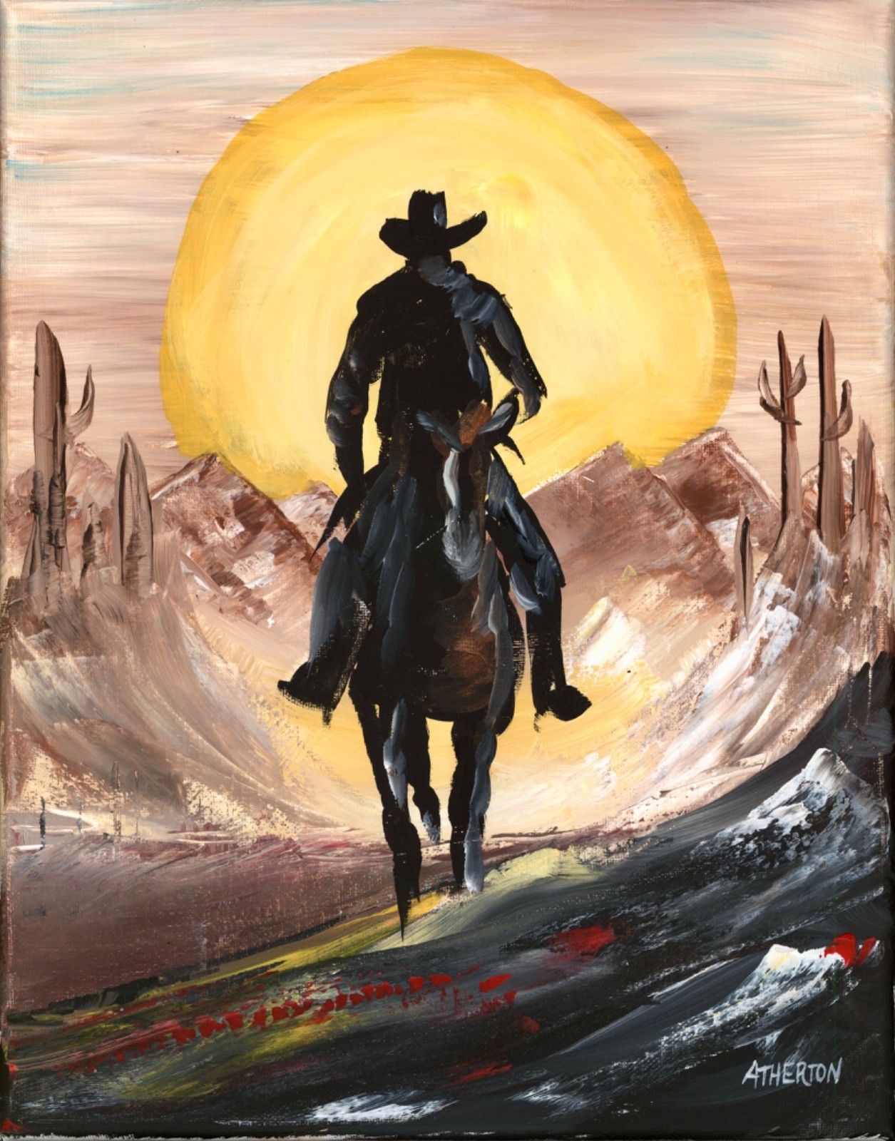 Atherton 11×14 Original Rugged Acrylic Painting «Desert Cowboy» hand signed
