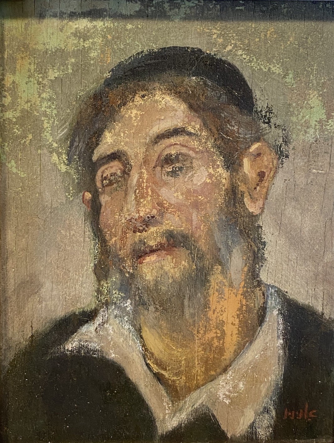 Vintage Folk Portrait Oil on Wood Panel Bearded Man Judaica Style 8×7