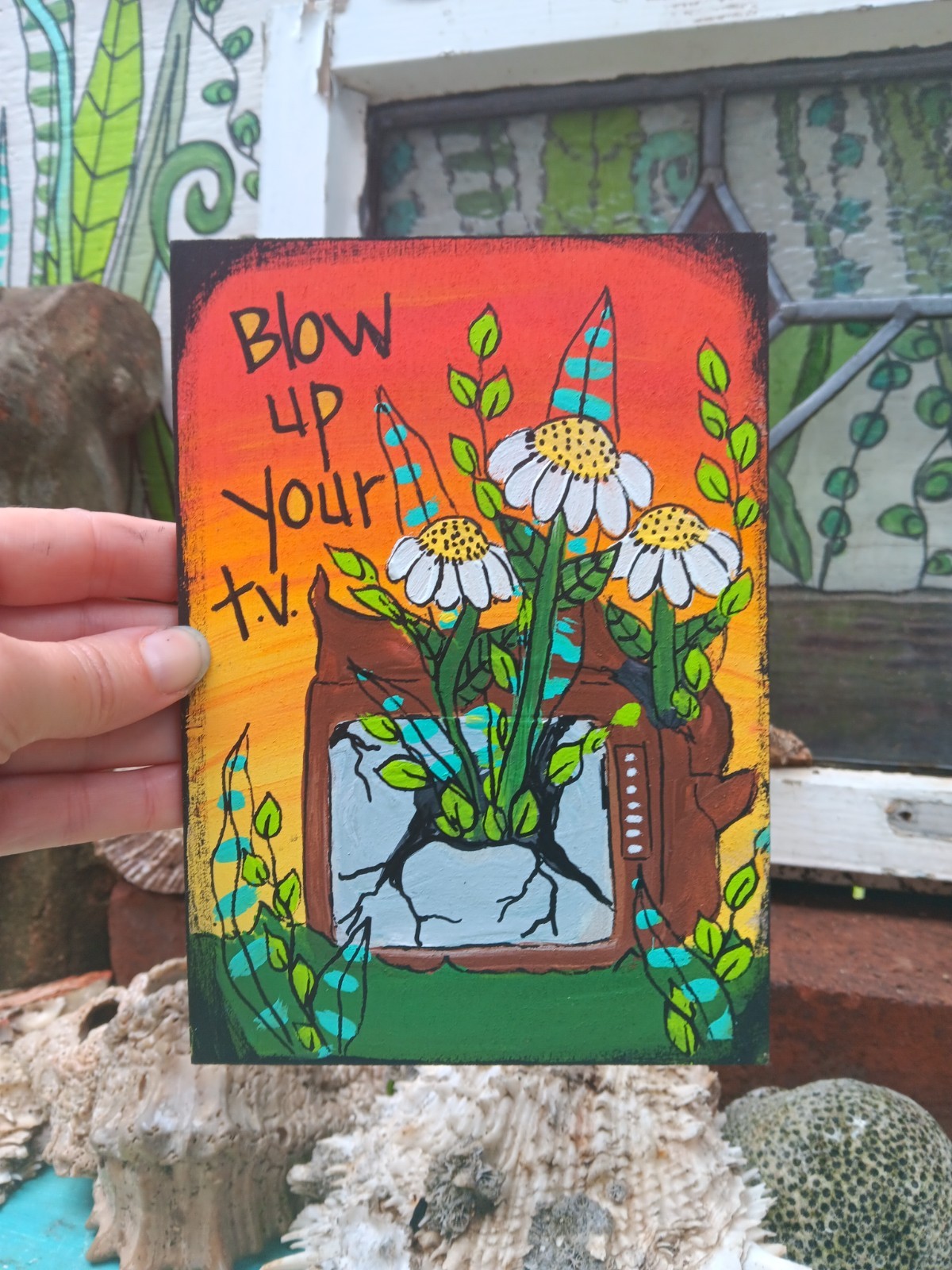 John Prine Spanish Pipedream Lyric Painting on 7×5″ wood panel, blow up TV