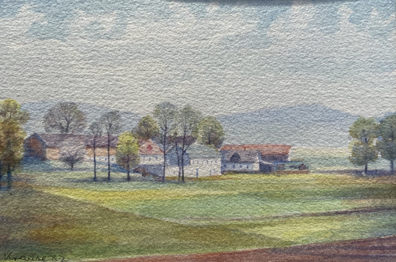 DEUTSCHER MALER SOMMERLANDSCHAFT MIT KLEINEM DORF AQUARELL KRAUSE 1982
