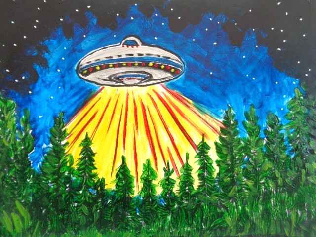 Original ALIEN INVASION FLYING SAUCER UFO LANDING IN THE WOODS Acrylic Painting