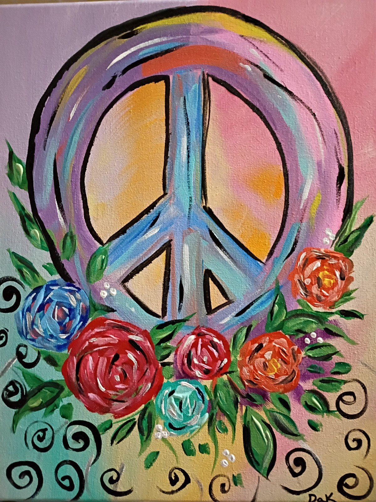Peace Sign Floral 11×14 Canvas Original Art Expressionism Abstract Boho Hippie