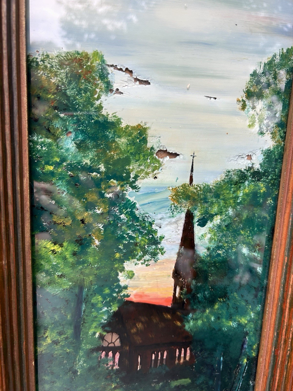 Antique Wood Frame Reverse Painted Church Landscape Germany Signed Chas Bauerle