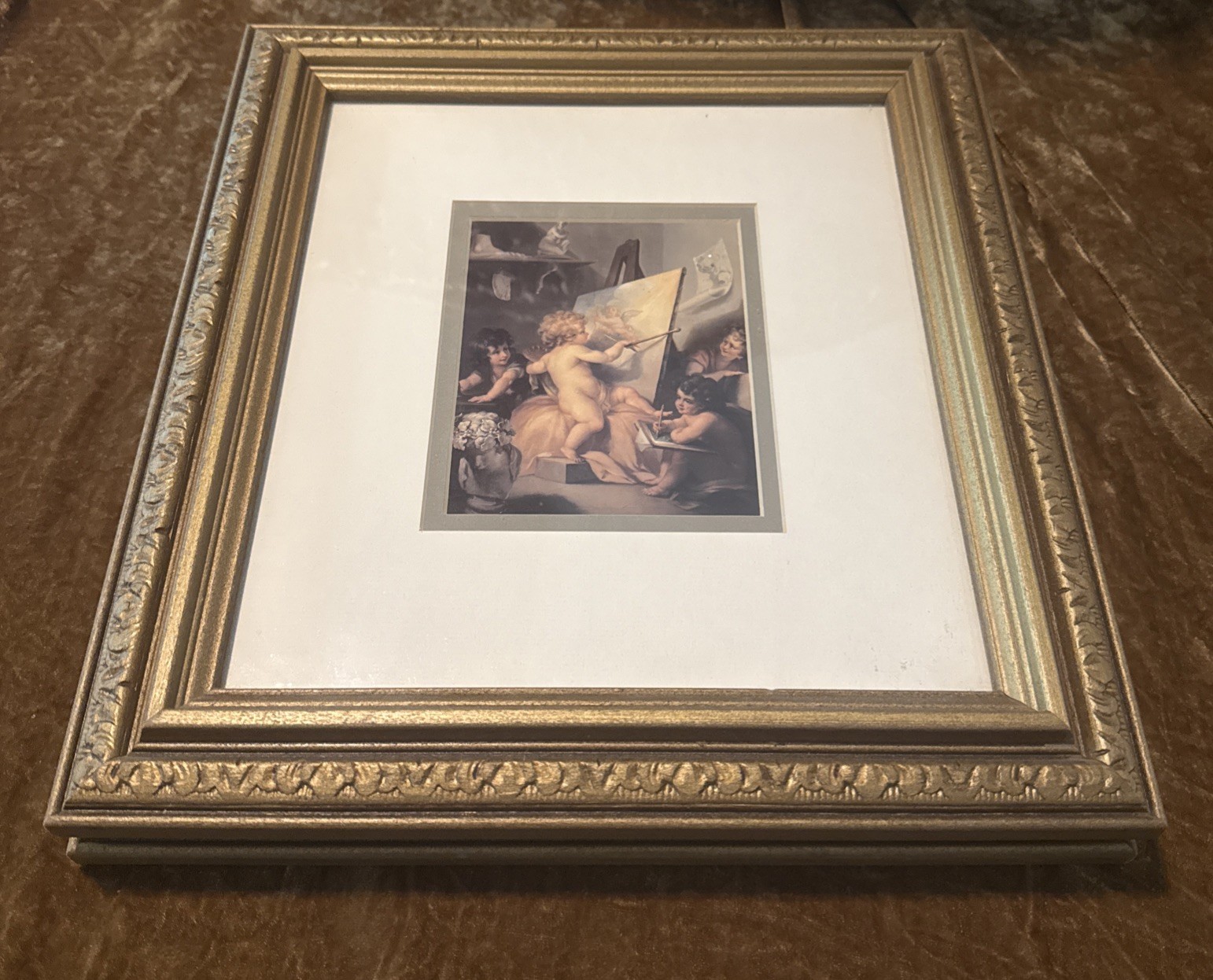Vintage Set of 2 Cherubs Angels Picture Painting Golden Frame 11.5x 12.5”(8)