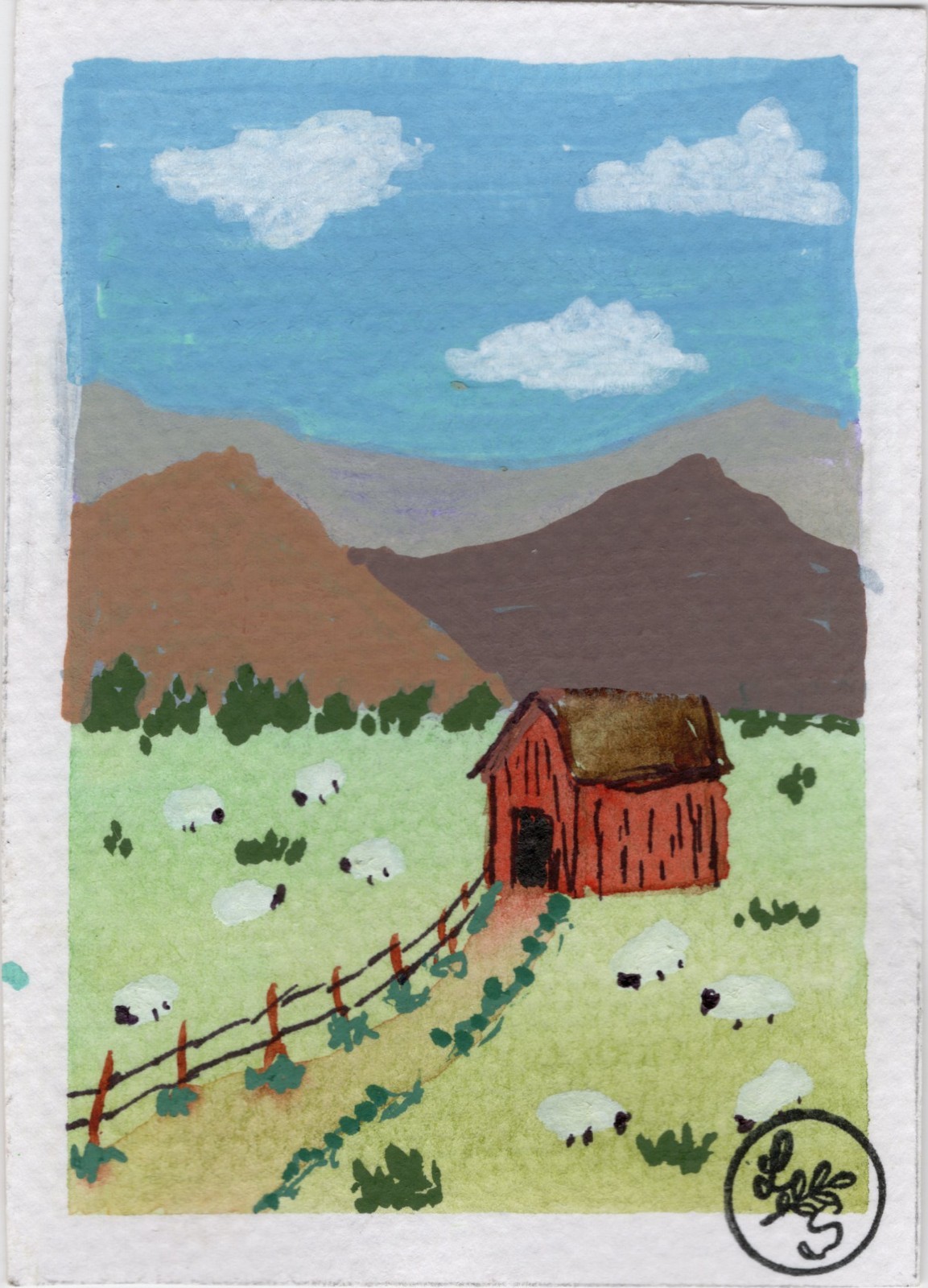 ACEO Art Card Original Farmhouse Painting Folk Art Landscape Cottage Core