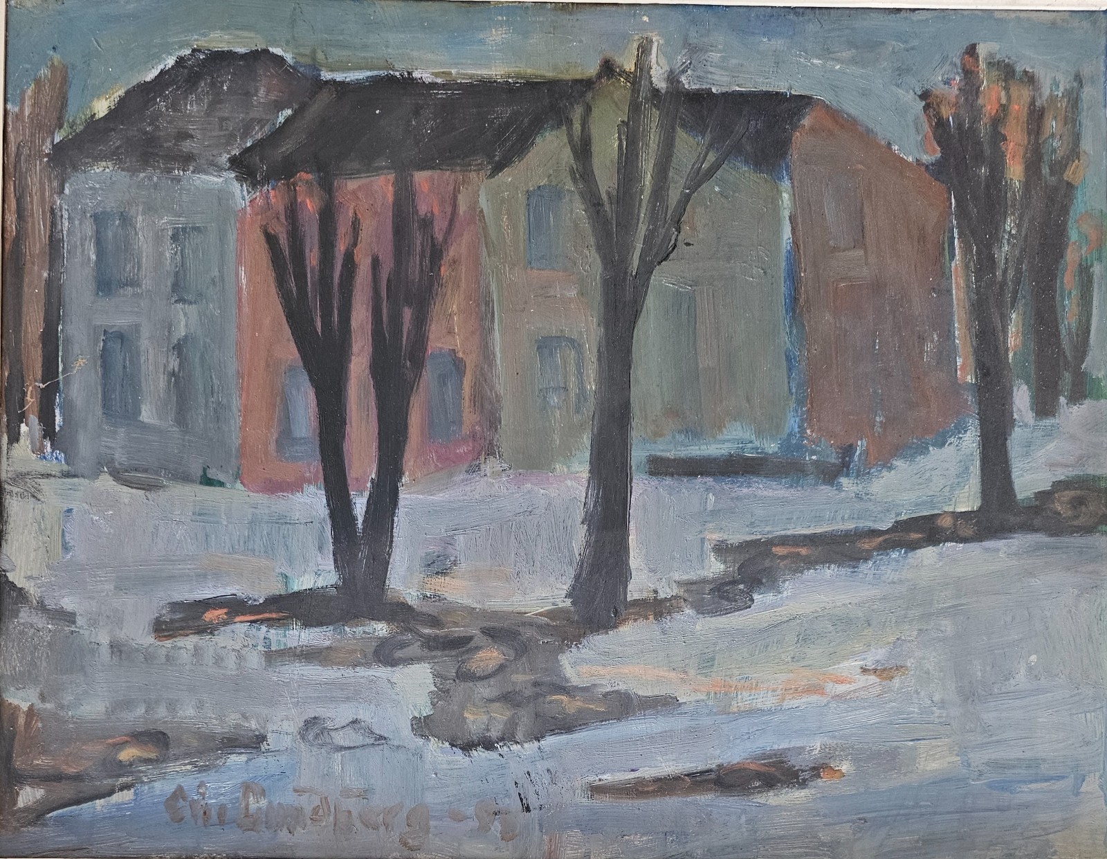 ORIGINAL SCANDINAVIAN OIL PAINTING SWEDISH MODERNIST WINTER LANDCAPE SIGNED