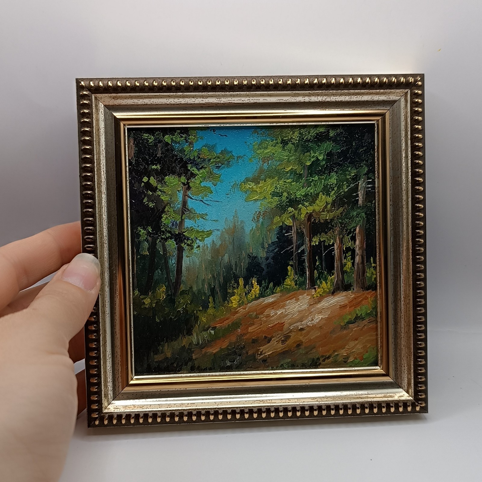 Original Miniature Oil Painting Forest Landscape Framed Impasto Pine Trees Art