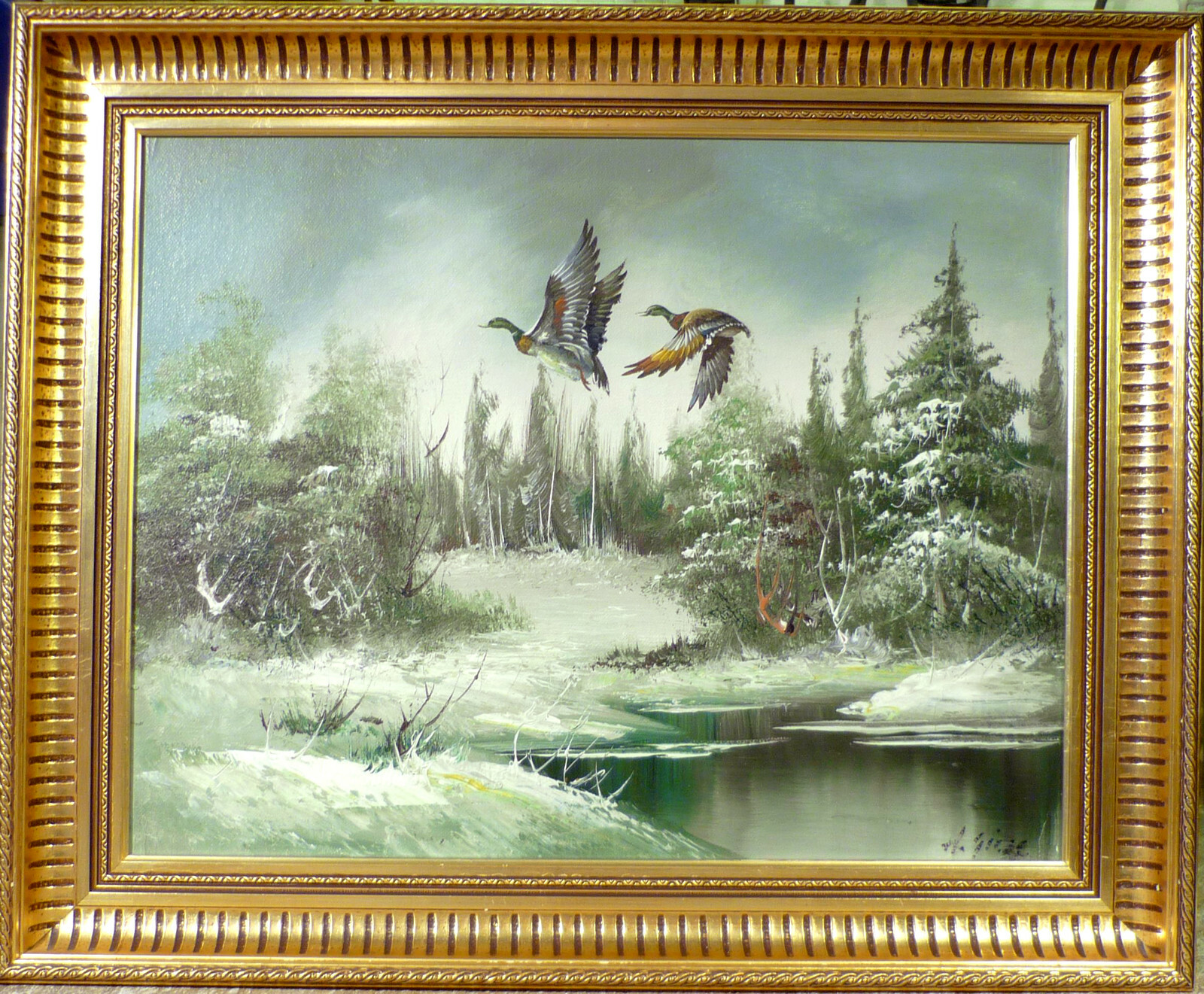 UNINDENTIFIED ARTIST! WINTER LANDSCAPE WITH FLYING DUCKS.