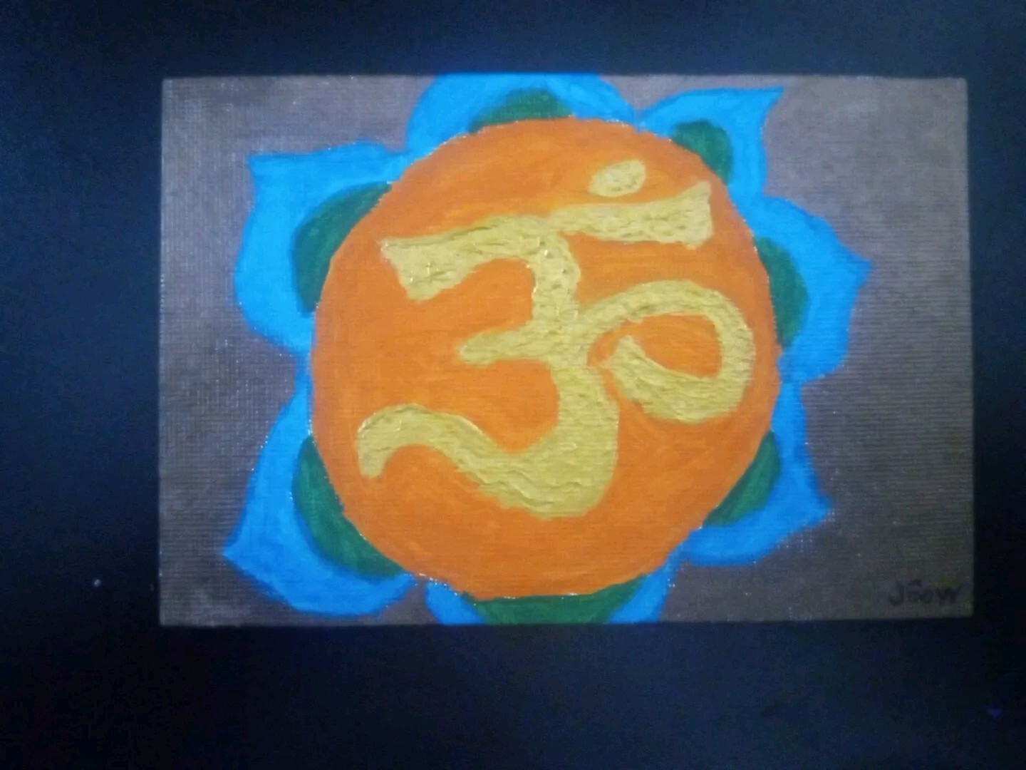 Blue Green Orange Om Aum Original Acrylic Painting 6×4 on Brown Background