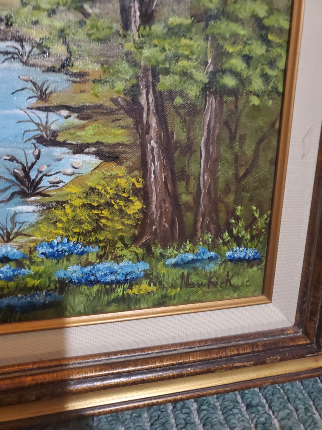 Original oil painting Vibrant!!! Blue Flowers Pond Forest Landscape SIGNED