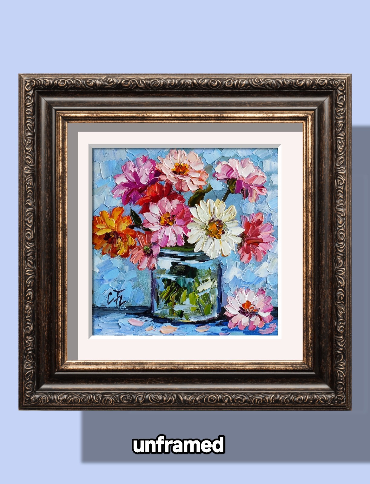 original oil painting Zinnia Colorful Flowers Vase impasto Floral art 6*6 in