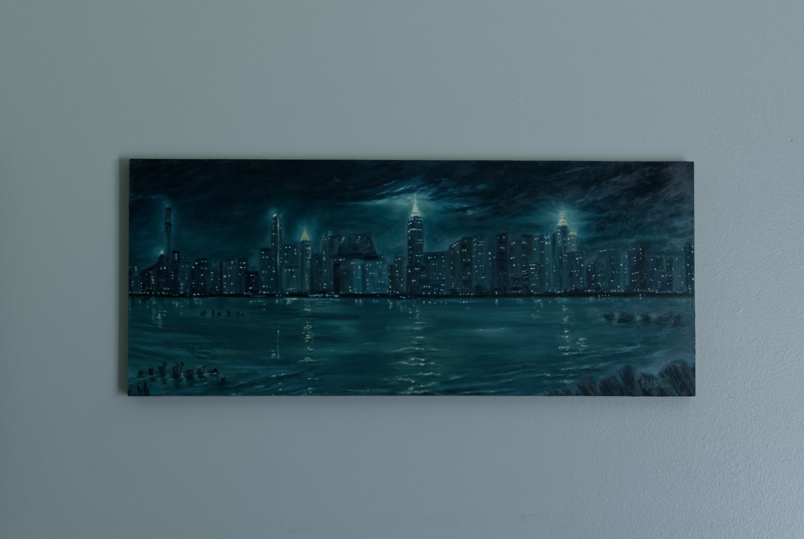 New York City Skyline Oil Painting Nocturn Night lights Brooklyn view East River