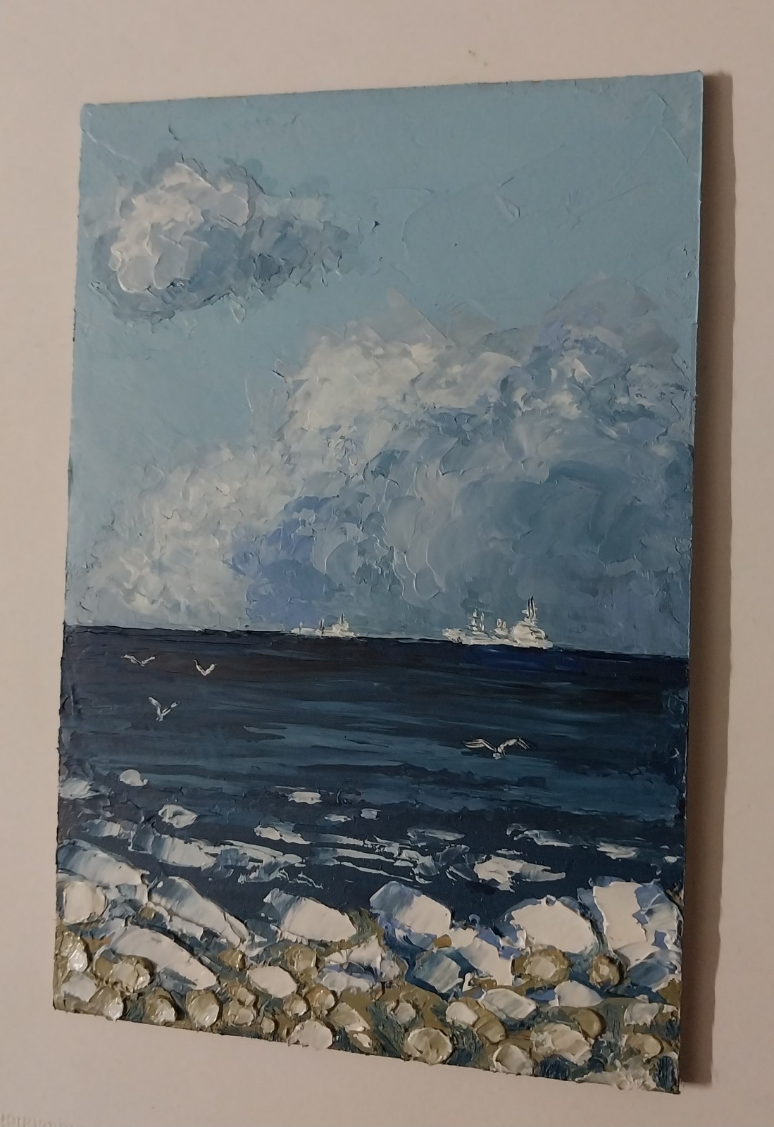 Framed Cloudy Sky Seascape Ships Winter Seashore Art 4×6” Original Oil Painting