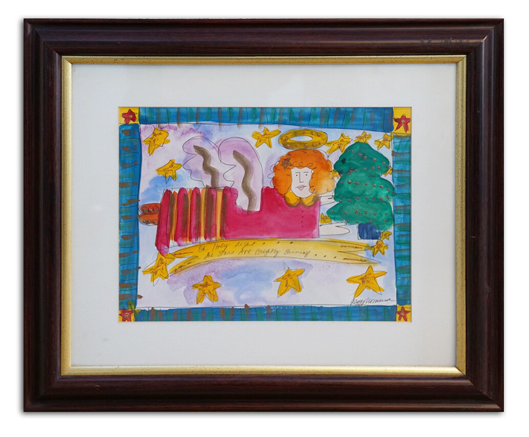 Original Watercolor Painting Signed Framed Fun Whimsical Christmas Night