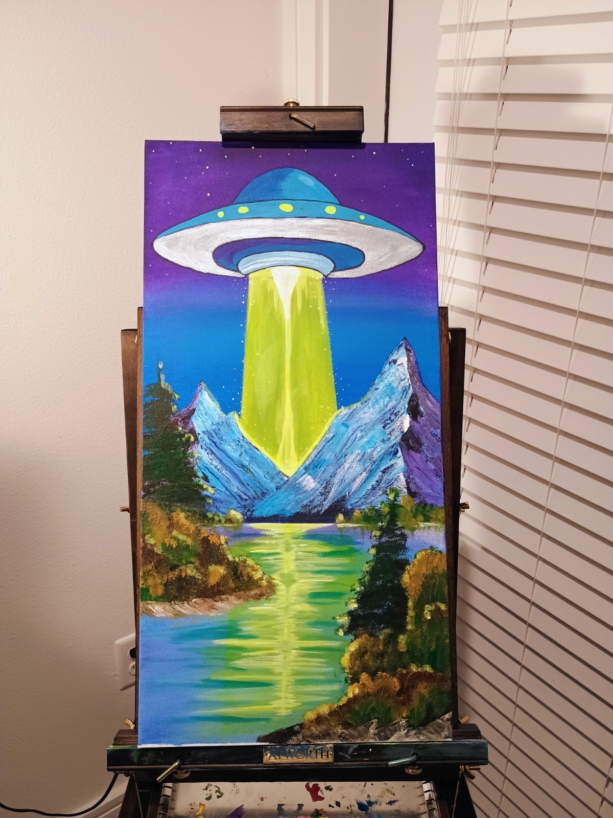Original SciFi UFO Painting Acrylic Canvas Alien Wall Art 12×24