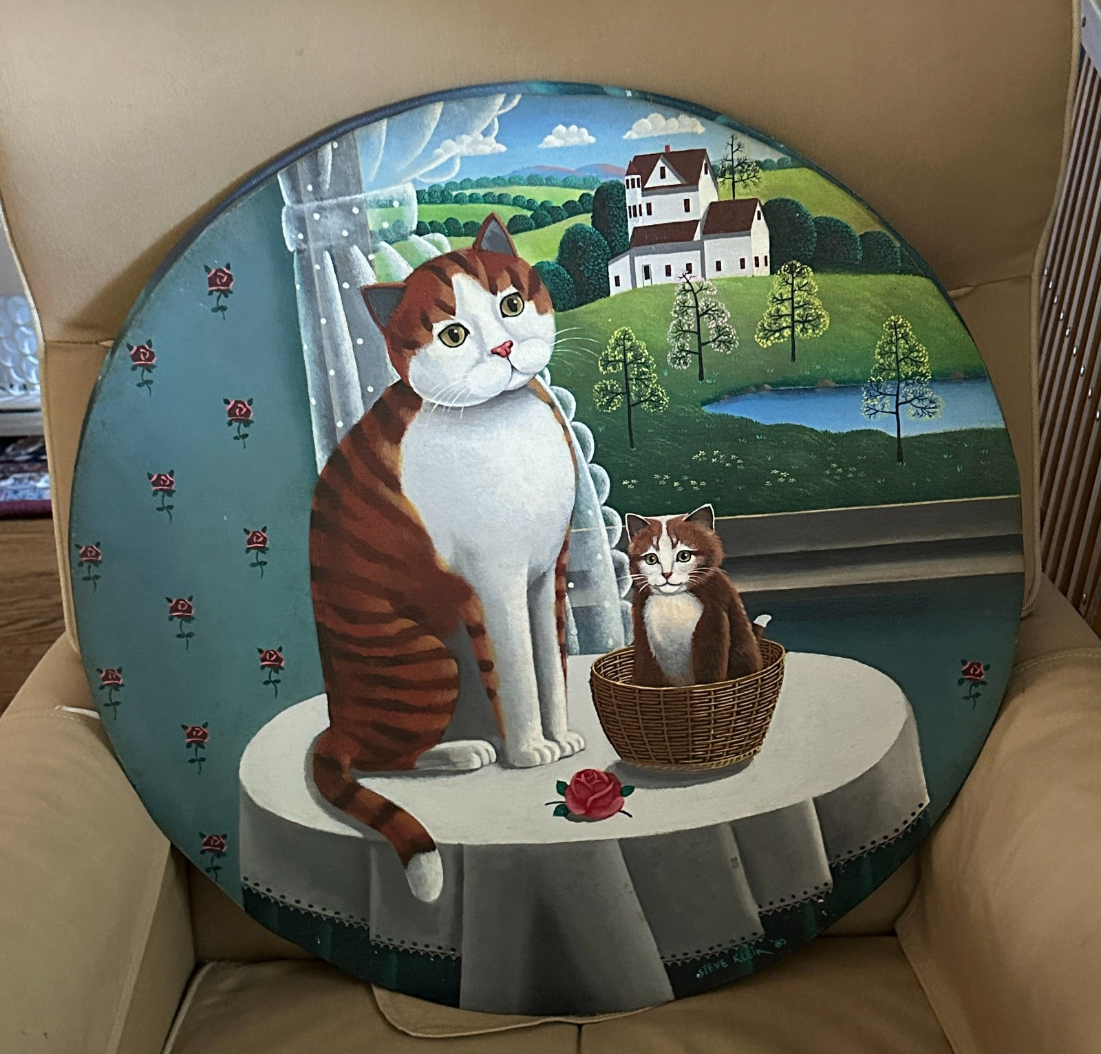 Vintage Signed STEVE KLEIN Folk Art Painting on Wood Cat Kitten Summer Scene 24″
