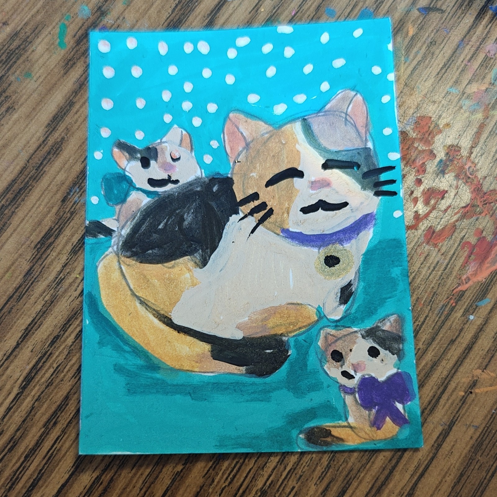 Emily Meinert Family Stone cats painting on paper small original signed unframed