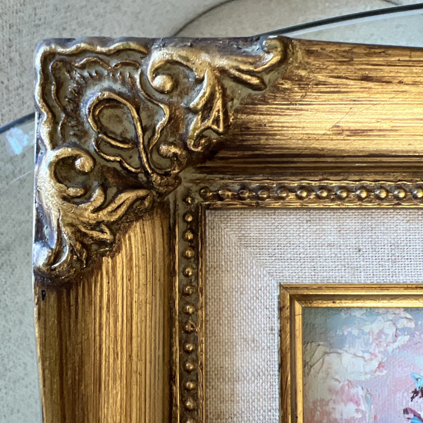 Blue Floral Impasto Oil Painting Ornate Gold Wood Frame Linen Liner 9×11