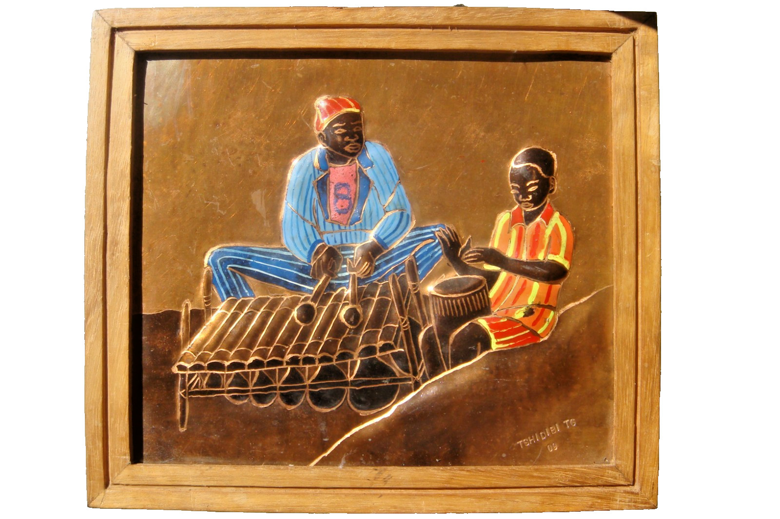 African Relief painting on copper signed by the Congolese artist Guycha Tshidibi