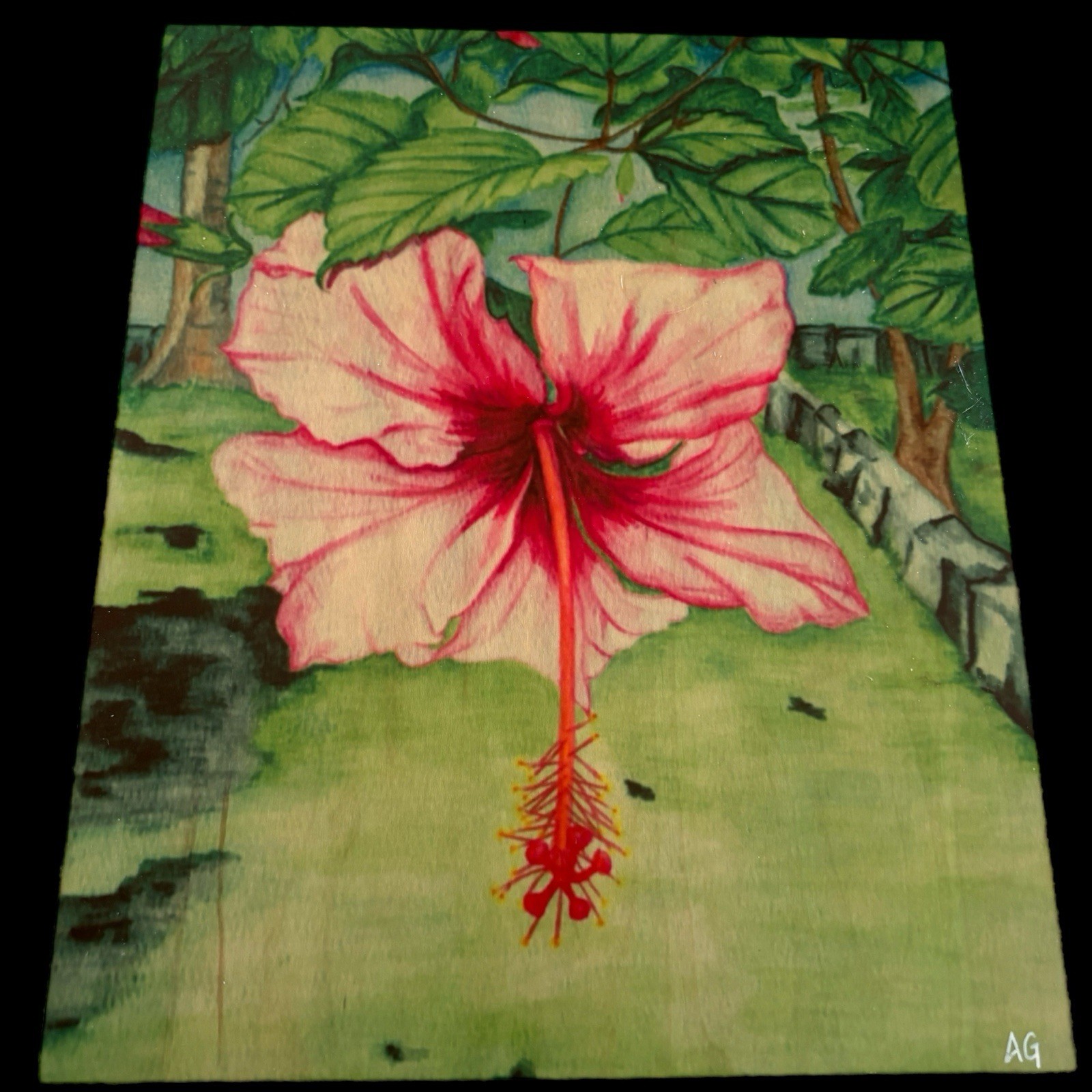 Tropical Painting Original on Wood 8″ x 10″ Pink Hibiscus by Anna Grove