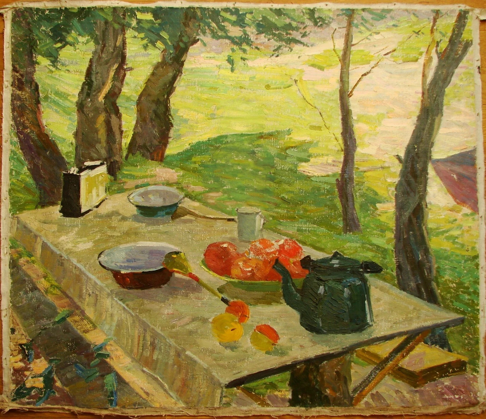 Ukrainian Soviet Oil Painting impressionism Still Life receiver kettle sunny day
