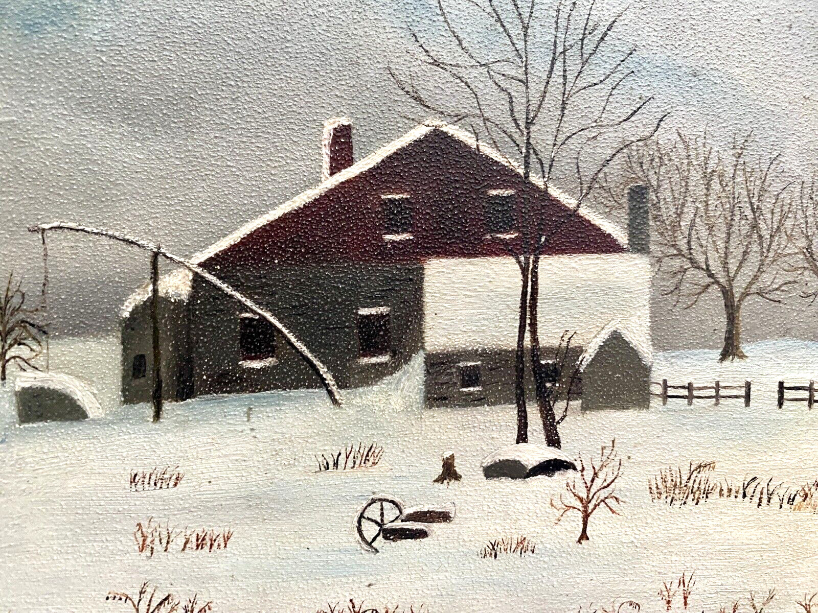 Vint. Orig. Art, Charming Primitive Winter Snow Scene-Master & Dog, Oil, Framed