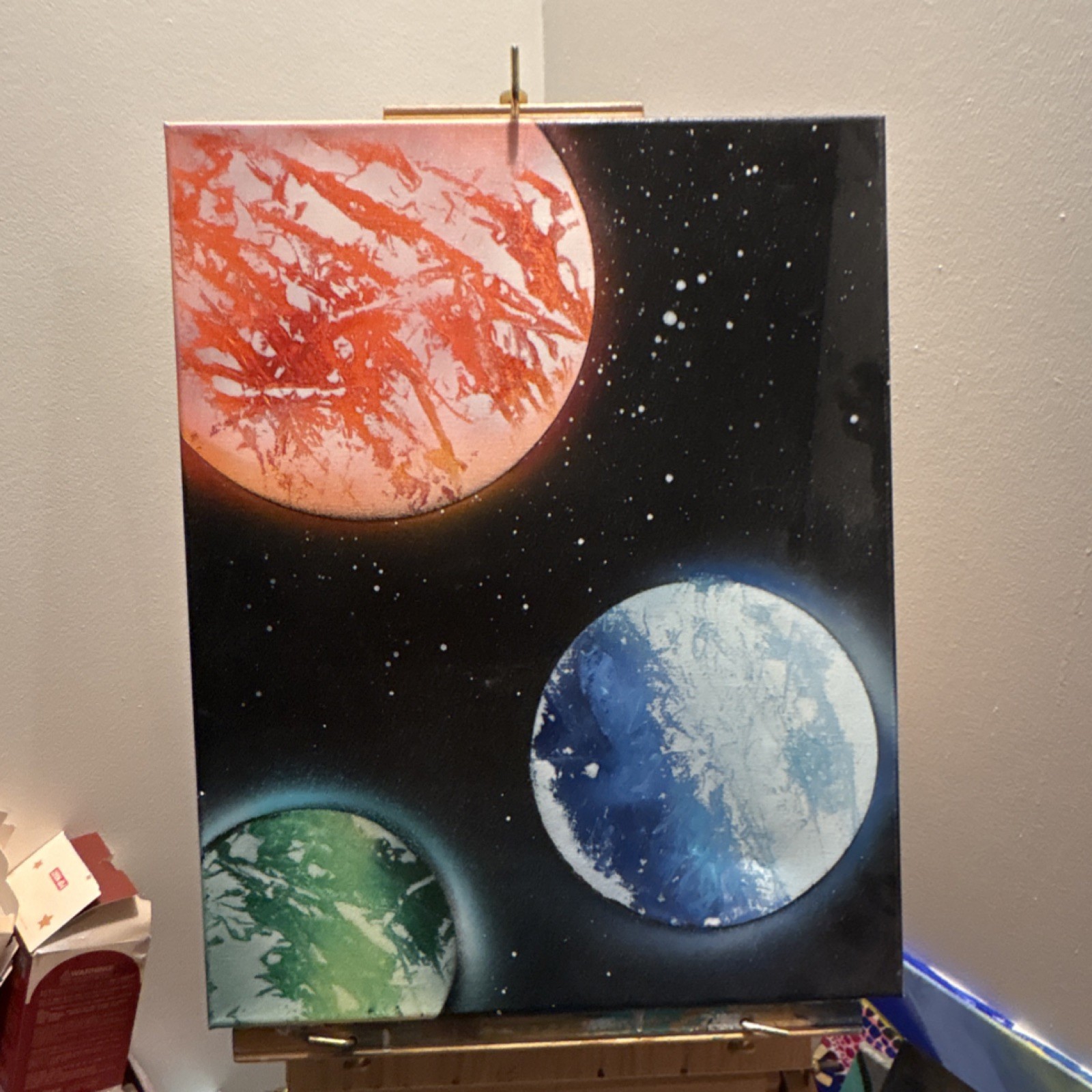 Original Outer Space Planets Modern Abstract Painting on Canvas 20x 15 1/2