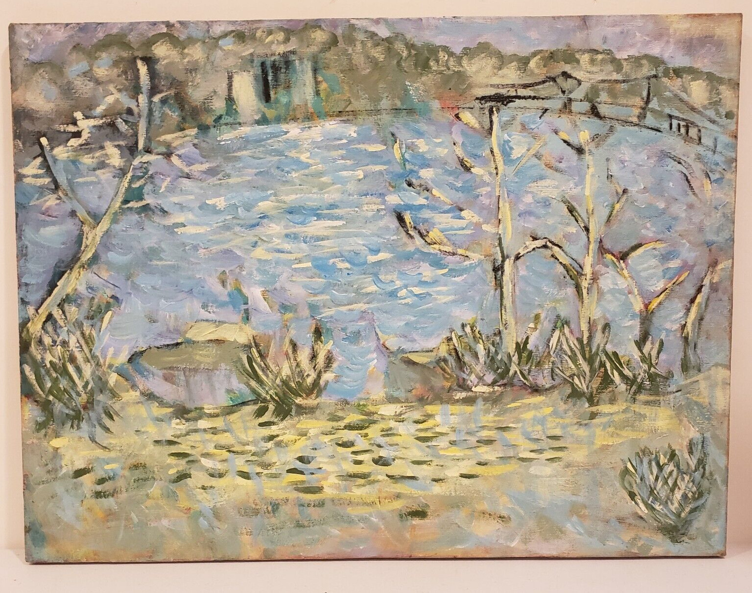 River Scene With Bridge Oil Painting on Canvas Unframed Art (18″ x 24″)