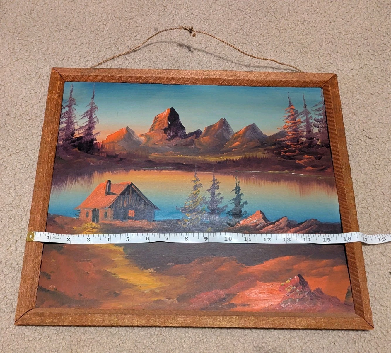 Vtg Primitive Rustic Frame With Painting Cabin Cottage Scene On Pond