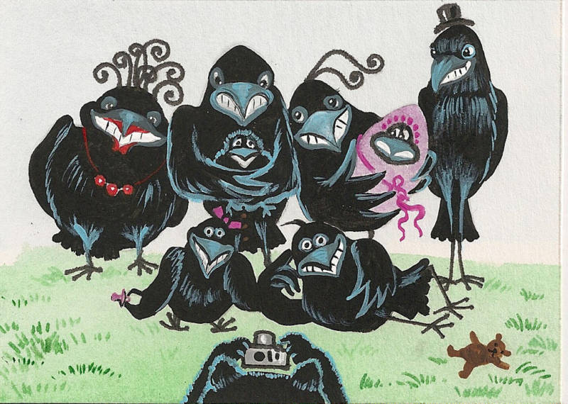 5×7 PRINT OF PAINTING RAVEN CROW RYTA TEDDY BEAR CAT HUMOR FAMILY Halloween Art