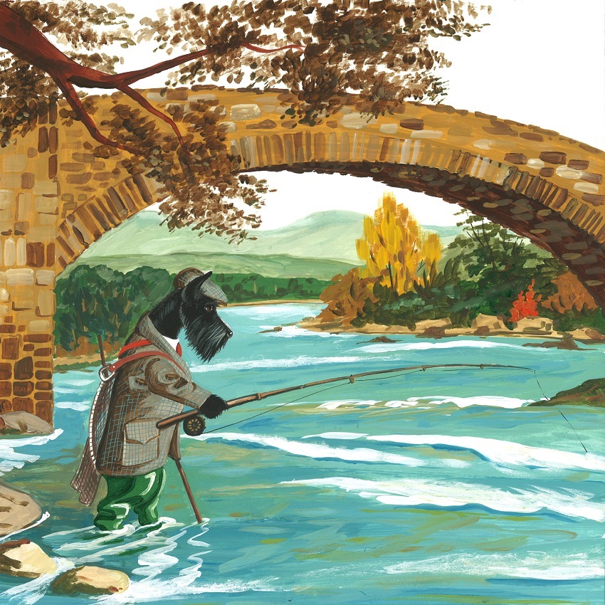4×4 SCOTTISH TERRIER PRINT OF PAINTING RYTA FOLK SCOTTY SALMON FISHING TROUT ART