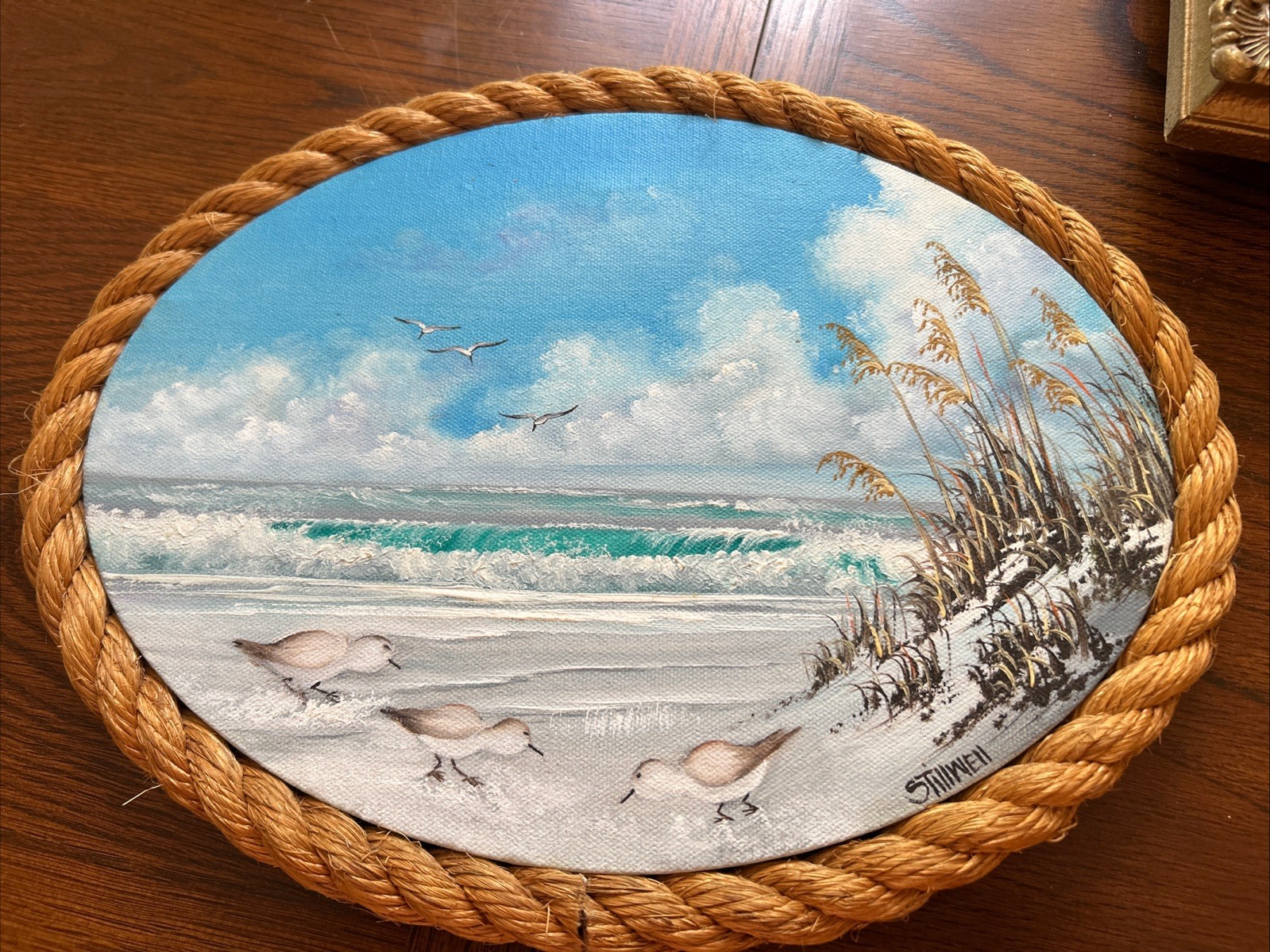 Vintage Acrylic Canvas Oval Shaped Sea Scape Art Wall Hangings Rope Trim Beach