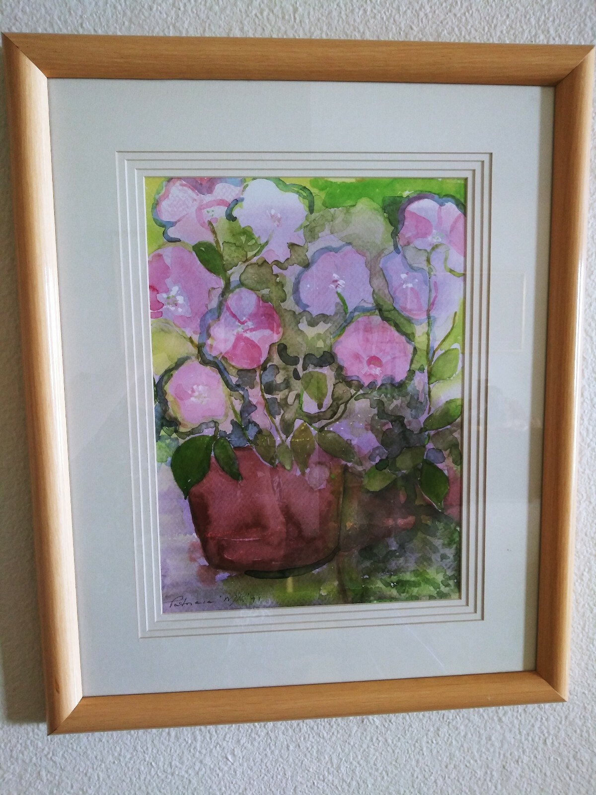 Original Watercolor Floral Matted Framed 18″x 22″ Patricia MK 1991 10″ X 14″ Art