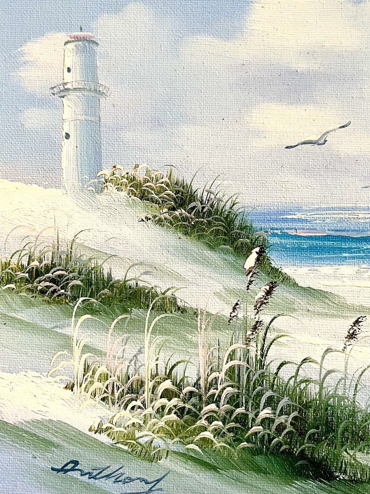 Vintge Shades of Blue ORIGINAL Coastal Lighthouse Seascape SIGNED Anthony FRAMED