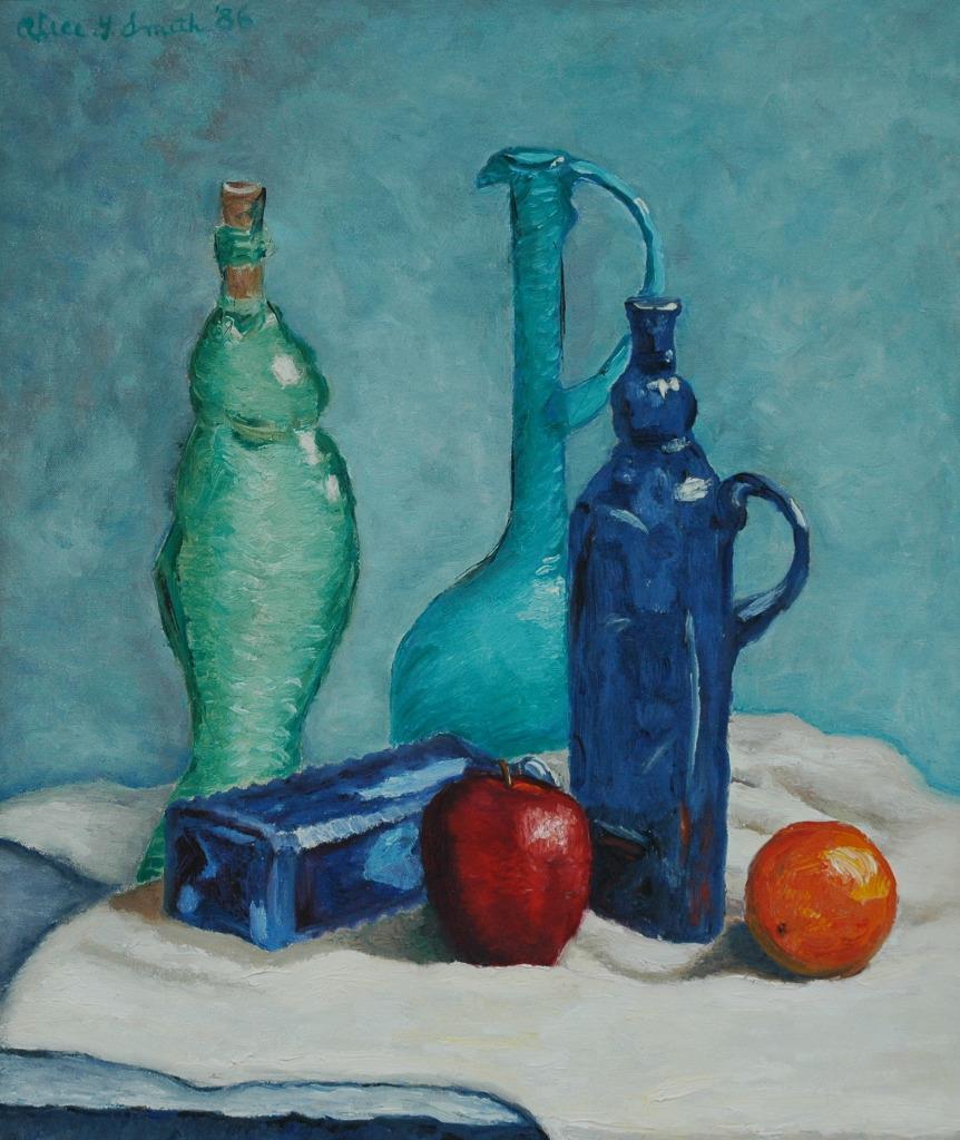 1986 Oil on Canvas Still Life With Fruit & Glass by Florida Artist Alice Smith