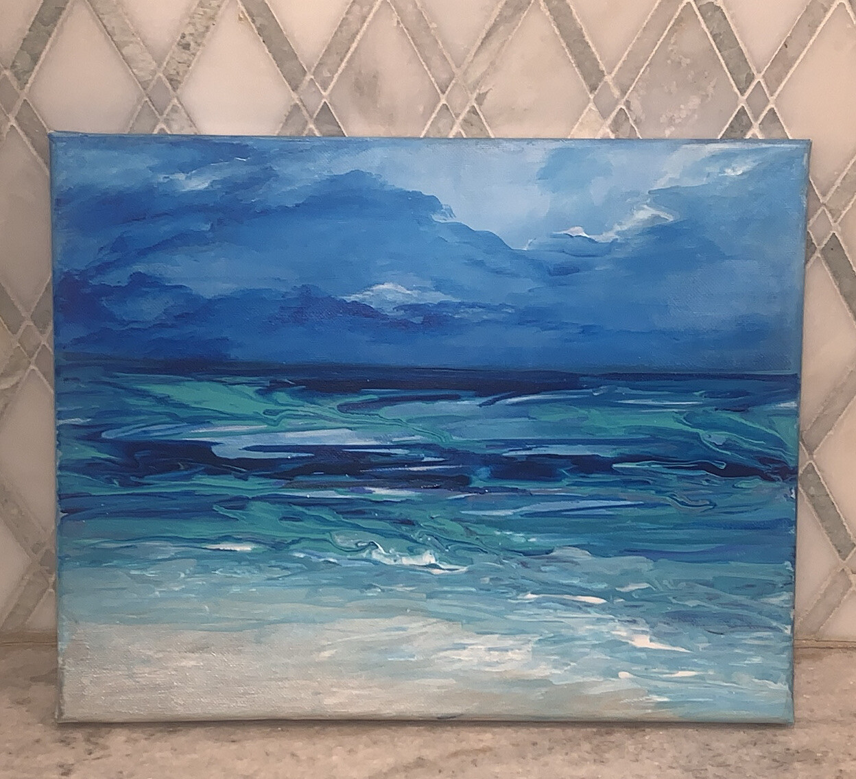 Original Modern Impressionist Oceanscape Beach Shades Of Blue Wht Canvas 11”x14”