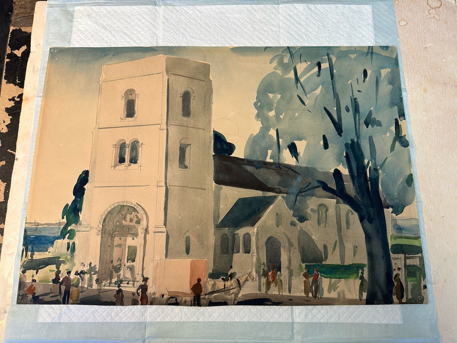 Antique Vintage Watercolor Painting Church Tree People Landscape 15″ x 21 1/2″