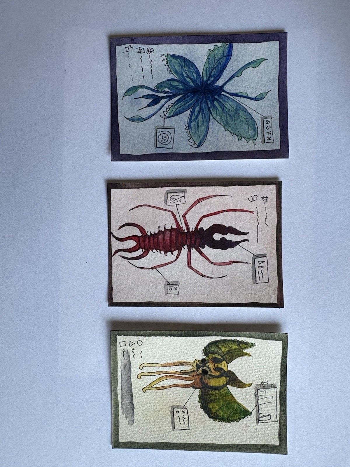 ACEO Original Alien Weird Creature Odd Watercolor Red Bug Like Aliens