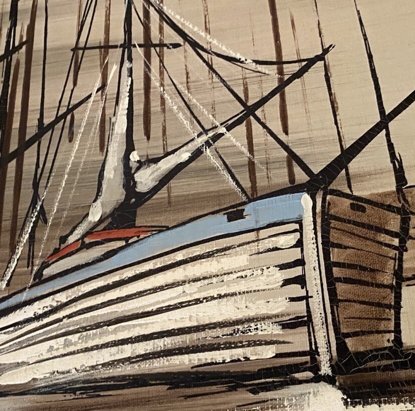 fishing boats signed by walker oil painting on canvas dimensions :41 x 2 x 31”