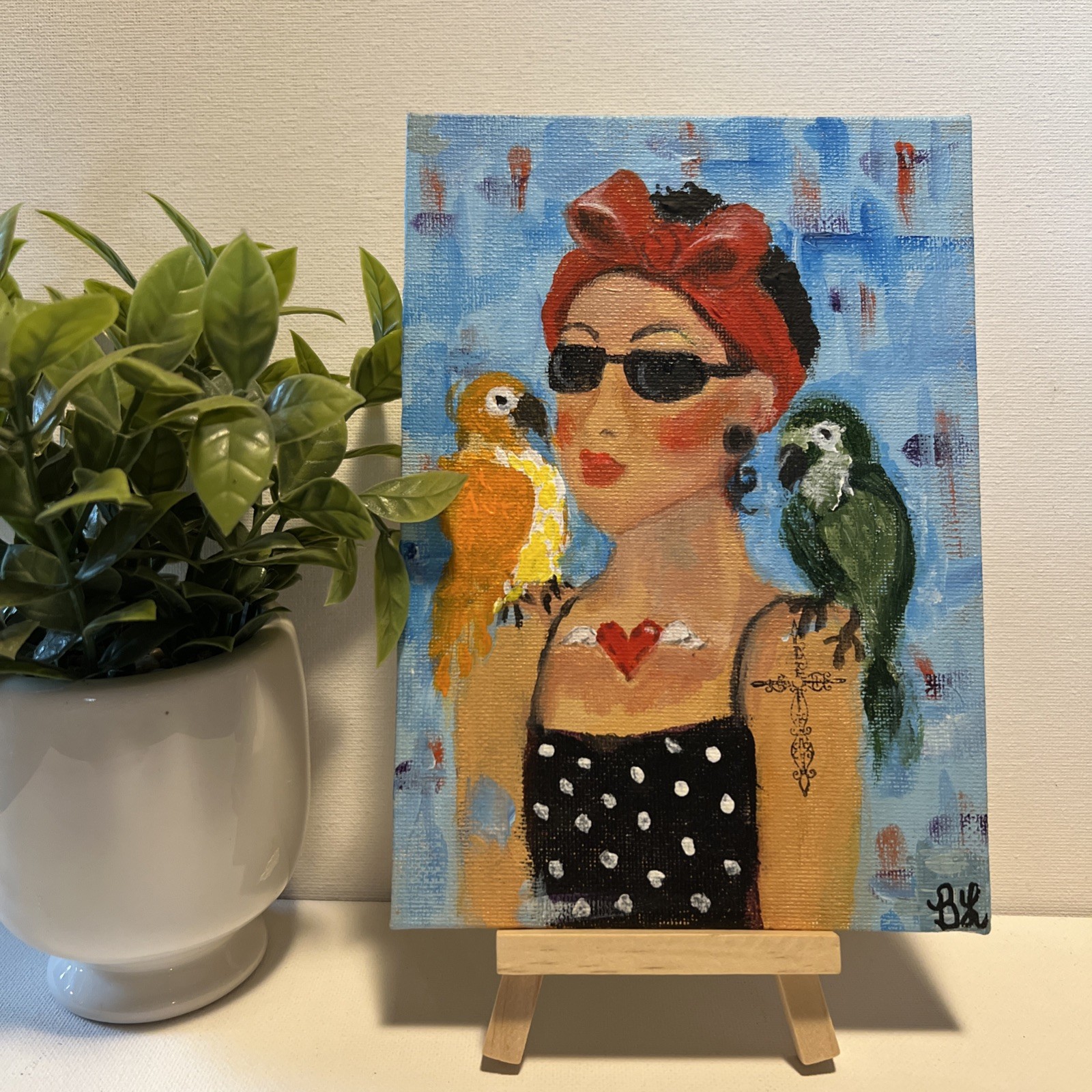 Tattoo Girl with Birds Original Acrylic Painting on Flat Canvas Panel 5×7 OOAK