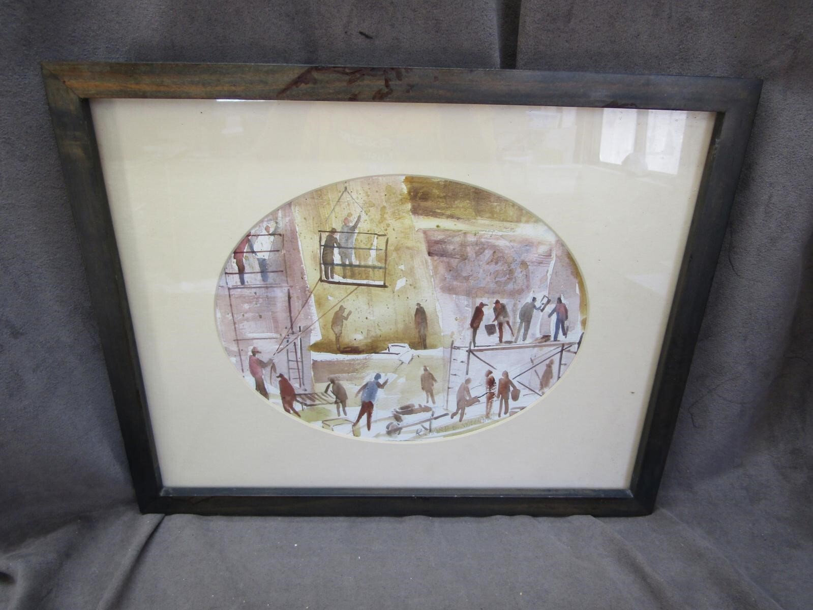 Richard E Williams Signed Framed Water Color – Building Construction Workers dl