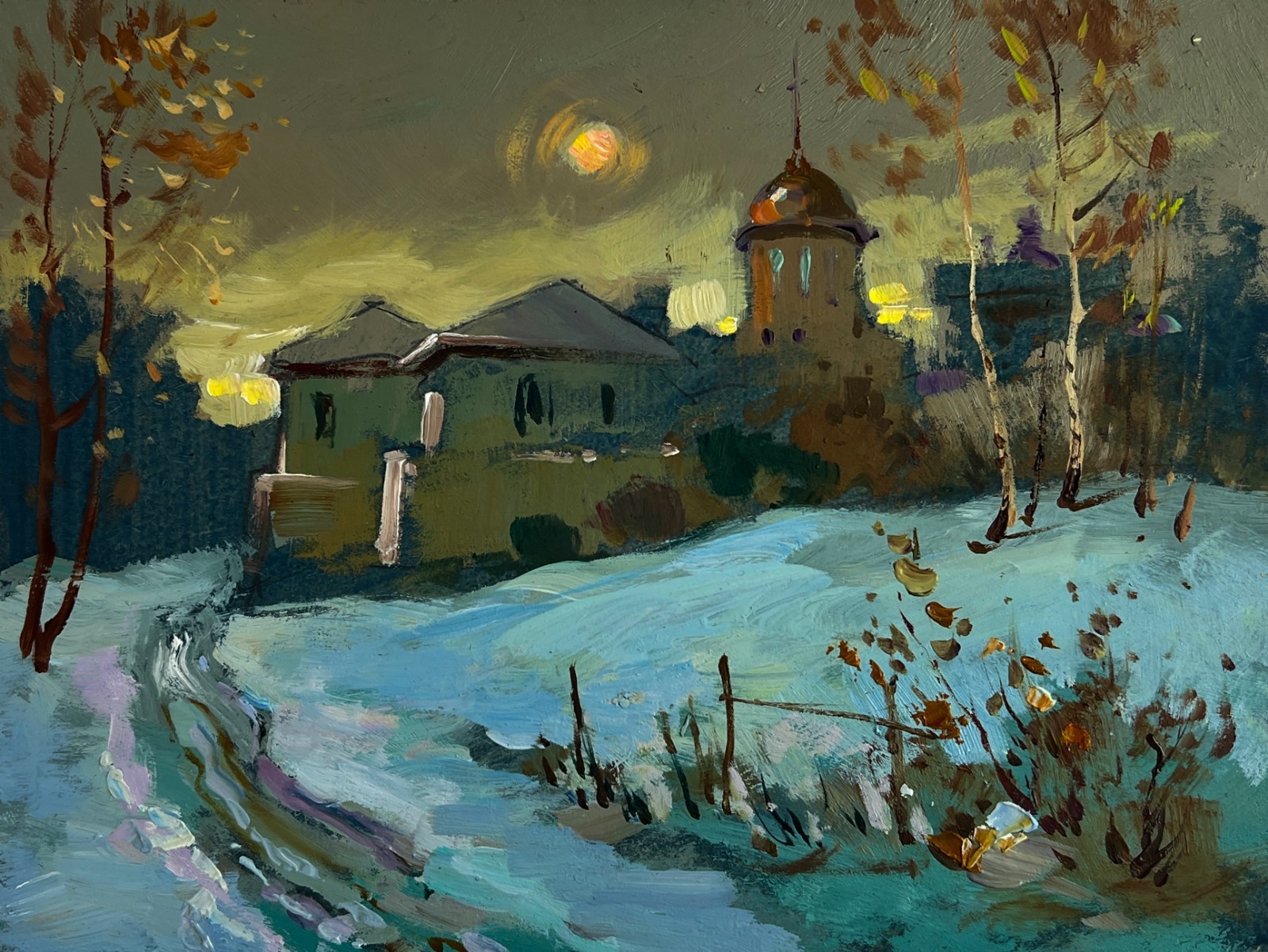 Oil Painting Sunset Behind The Village Y. Suprunchuk Unframed Original nAAA4966