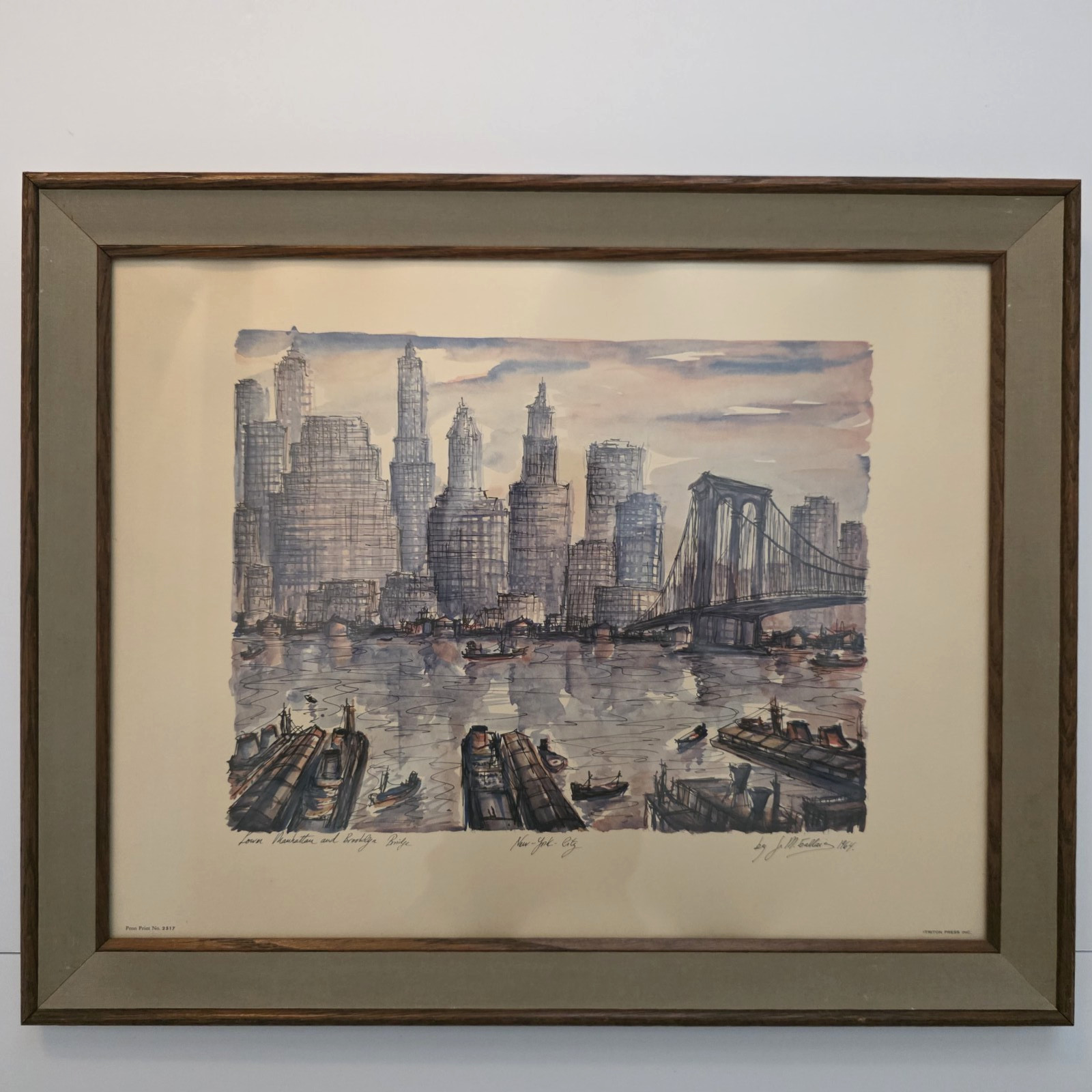Vintage J.M. Gallais 1964 Signed Print New York City Harbor Skyline Mid Century