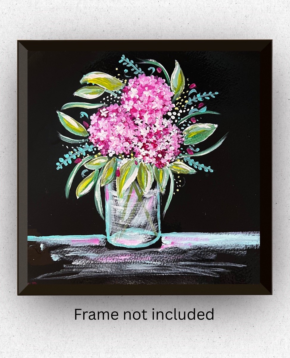 Pink Hydrangeas Floral Bouquet VLP Original Hand Painted Acrylic 8×8” Art Paper