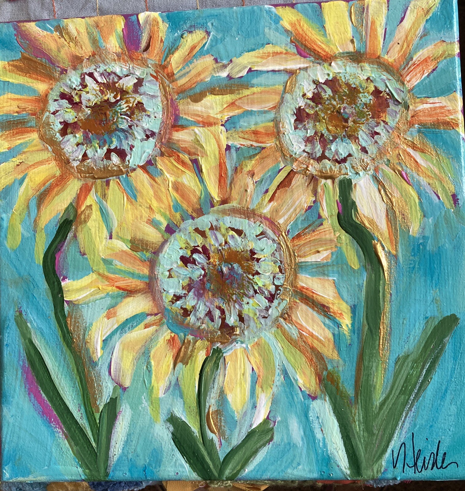 «Summer Sunflowers «on Mint Green Original Acrylic Painting 10”x10”Canvas