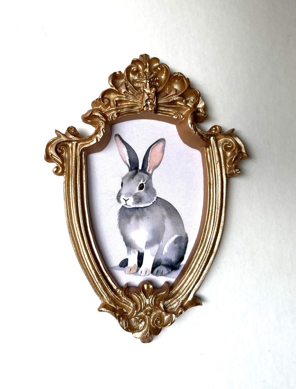 Gray Bunny Rabbit Framed Miniature Mini ART PRINT Gold Ornate Frame NOT ACEO