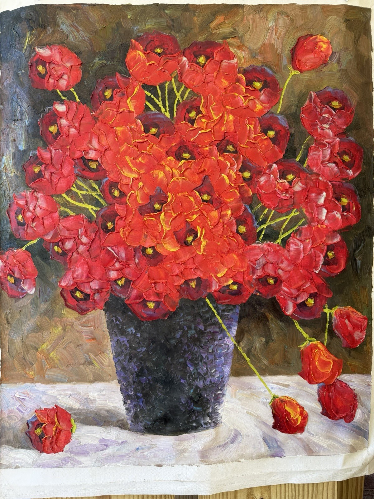 Floral Still Life Painting Impressionism Red Flowers in Blue Vase, Unframed