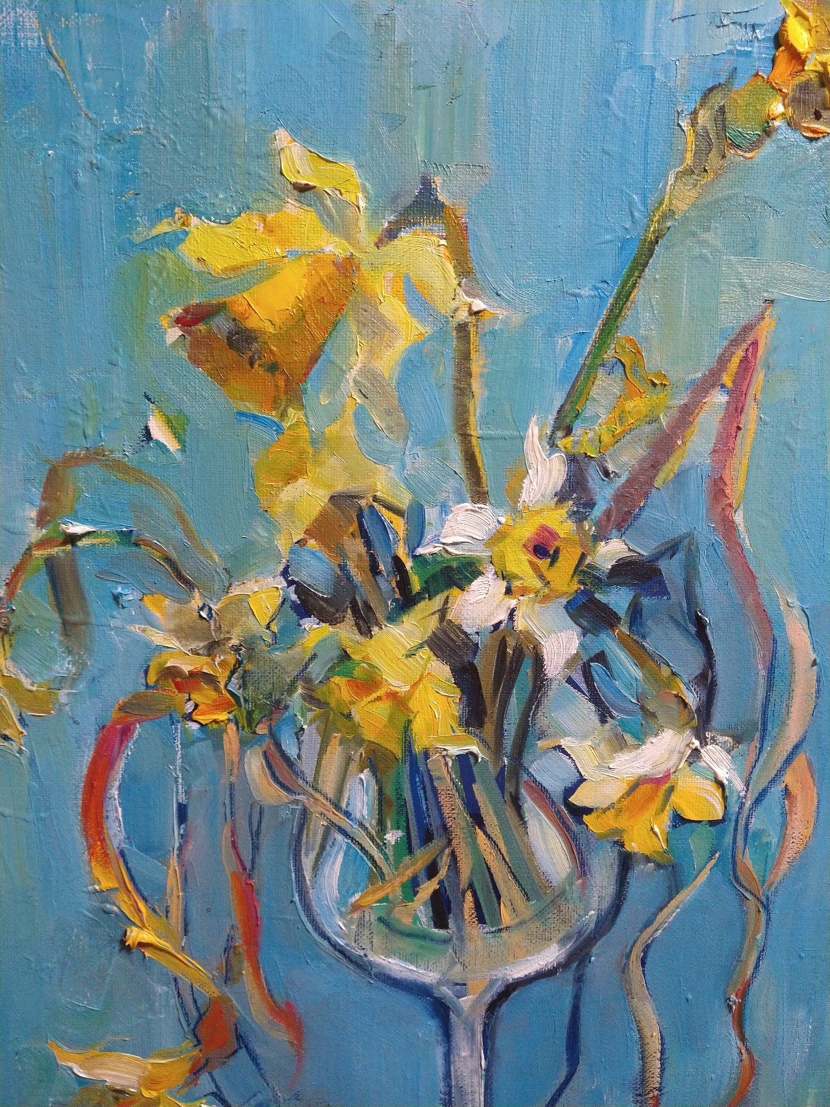 Original oil Still life 20″x20″, Flowers, Daffodils, Blue, Contemporary art