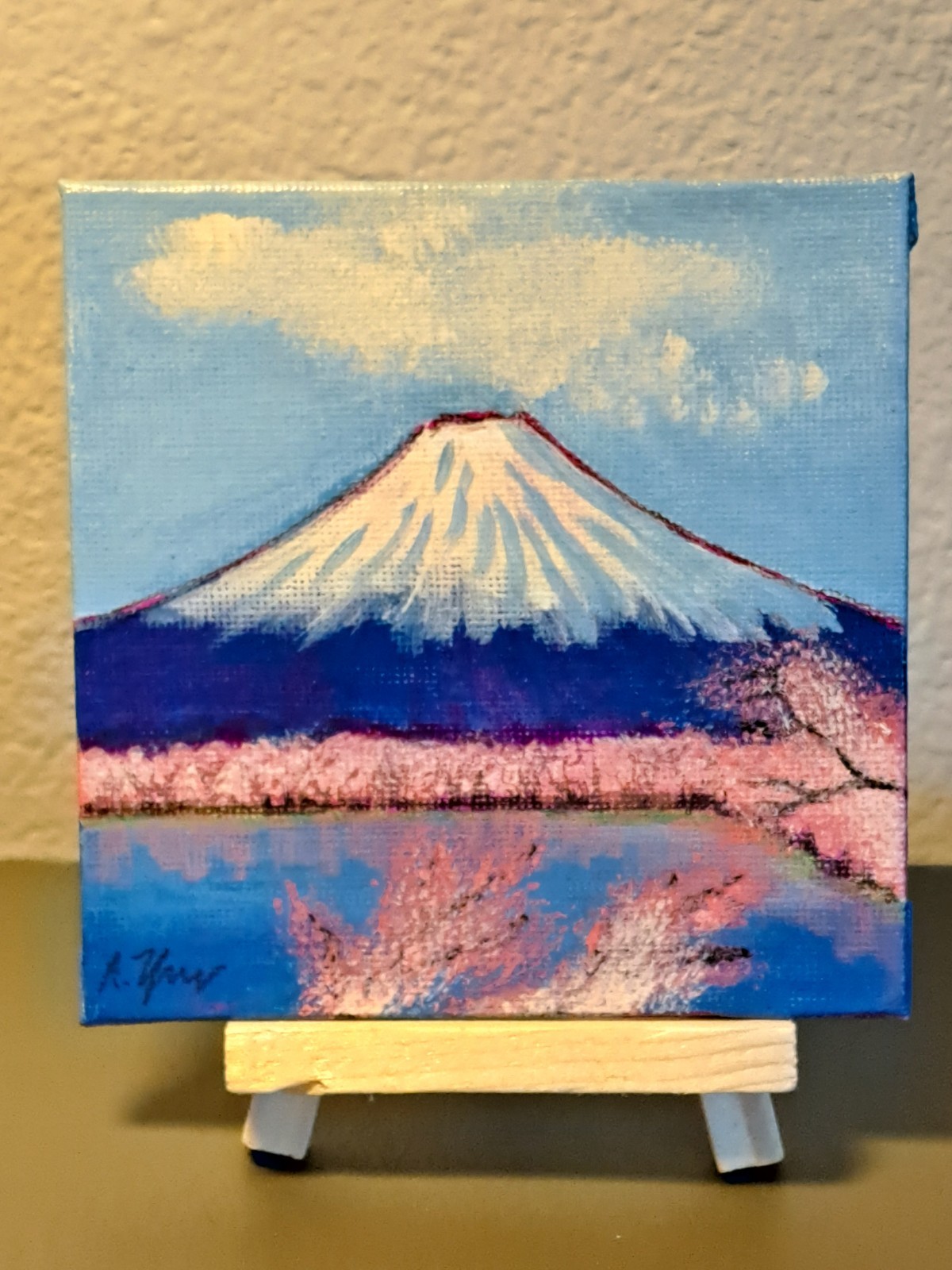 Mini landscape acrylic ink pencil «Mt. Fugi» on 4×4 canvas 1/1 Limited Signed