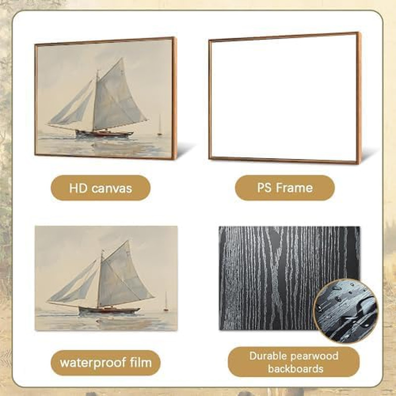 Ocean Framed Wall Art,Coastal Sailboat Canvas Oil Painting,Blue Ship Portrait Ae